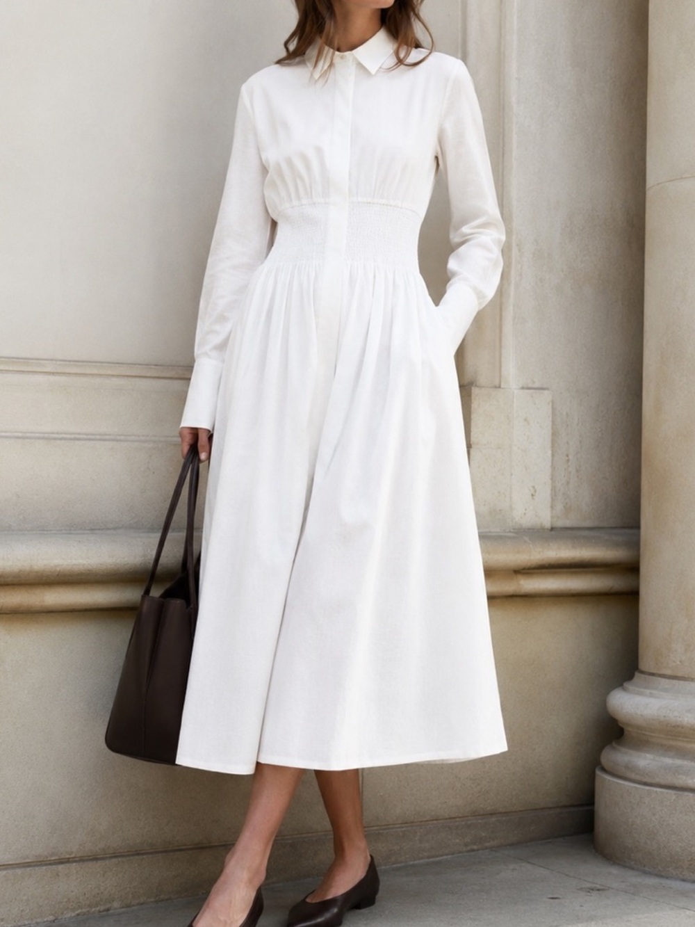 NWT ME+EM Linen Shirred Long Sleeve Shirt Dress Midi Soft White Size 6
